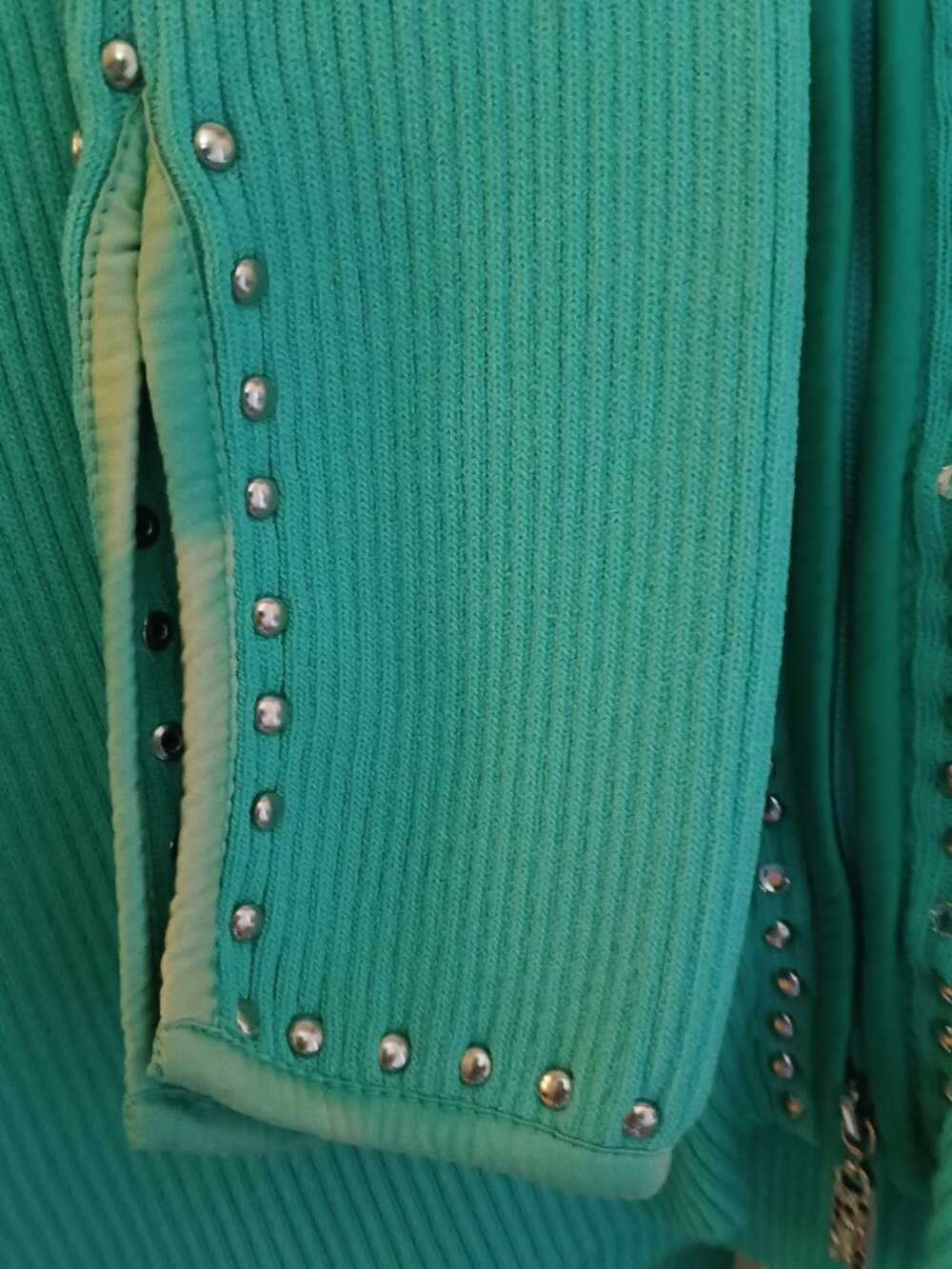 Iconic Cache double zip sweater rhinestones mint green XS Gabriella Solis FLAWS - Picture 11 of 11